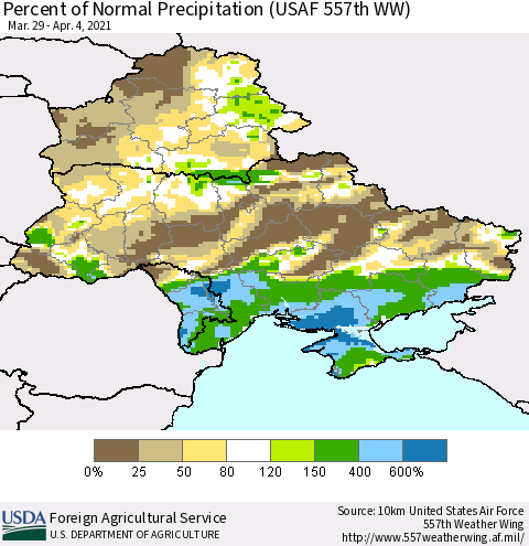Ukraine, Moldova and Belarus Percent of Normal Precipitation (USAF 557th WW) Thematic Map For 3/29/2021 - 4/4/2021