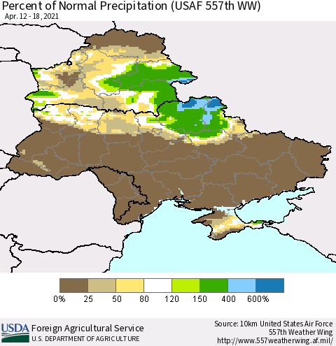 Ukraine, Moldova and Belarus Percent of Normal Precipitation (USAF 557th WW) Thematic Map For 4/12/2021 - 4/18/2021