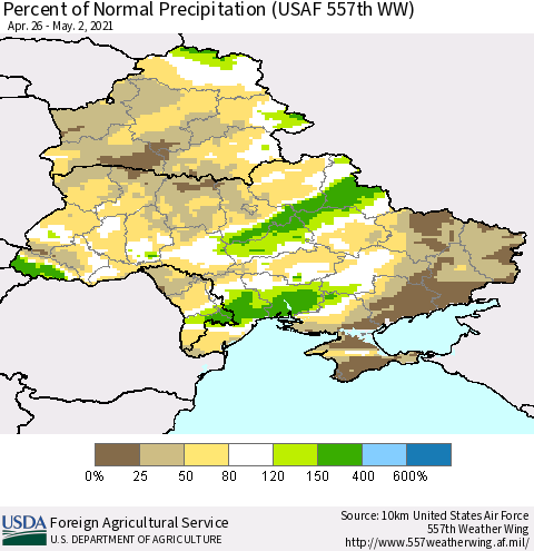 Ukraine, Moldova and Belarus Percent of Normal Precipitation (USAF 557th WW) Thematic Map For 4/26/2021 - 5/2/2021