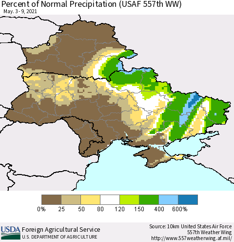 Ukraine, Moldova and Belarus Percent of Normal Precipitation (USAF 557th WW) Thematic Map For 5/3/2021 - 5/9/2021