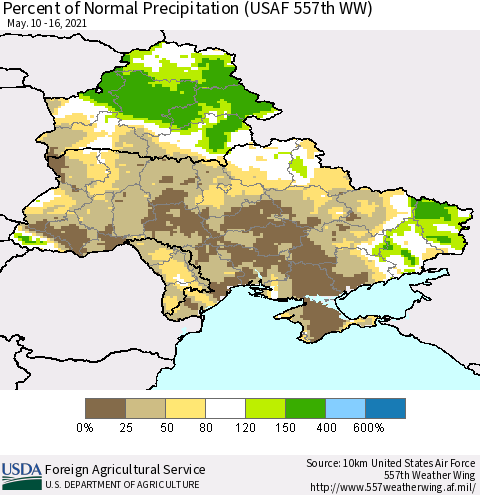 Ukraine, Moldova and Belarus Percent of Normal Precipitation (USAF 557th WW) Thematic Map For 5/10/2021 - 5/16/2021