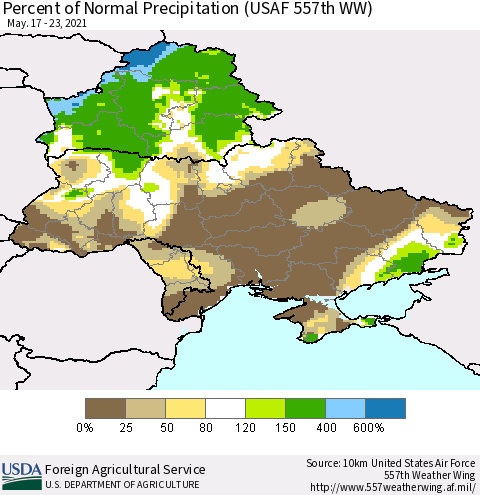 Ukraine, Moldova and Belarus Percent of Normal Precipitation (USAF 557th WW) Thematic Map For 5/17/2021 - 5/23/2021