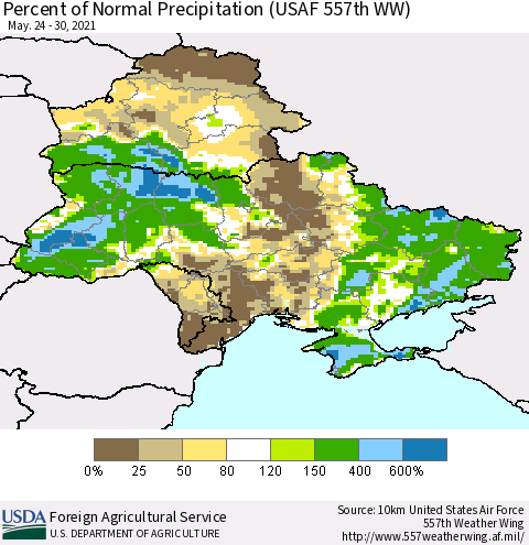 Ukraine, Moldova and Belarus Percent of Normal Precipitation (USAF 557th WW) Thematic Map For 5/24/2021 - 5/30/2021