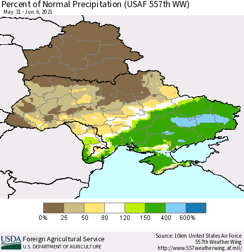 Ukraine, Moldova and Belarus Percent of Normal Precipitation (USAF 557th WW) Thematic Map For 5/31/2021 - 6/6/2021
