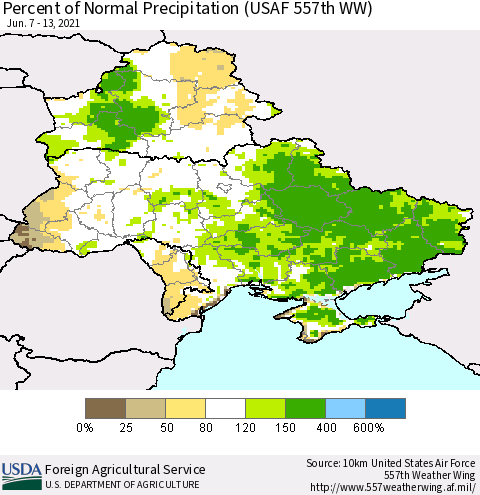 Ukraine, Moldova and Belarus Percent of Normal Precipitation (USAF 557th WW) Thematic Map For 6/7/2021 - 6/13/2021