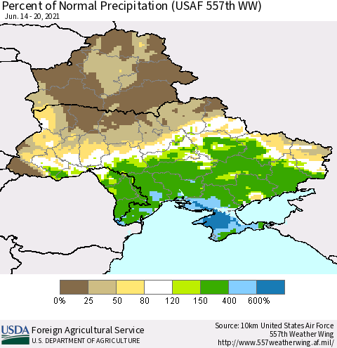Ukraine, Moldova and Belarus Percent of Normal Precipitation (USAF 557th WW) Thematic Map For 6/14/2021 - 6/20/2021