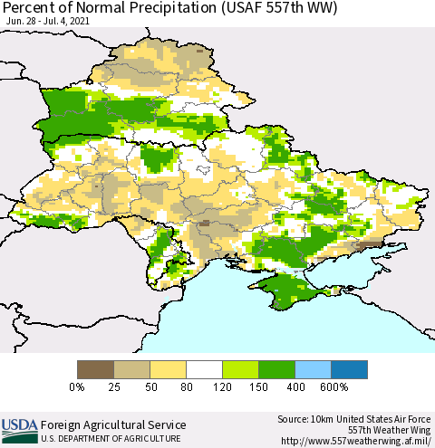 Ukraine, Moldova and Belarus Percent of Normal Precipitation (USAF 557th WW) Thematic Map For 6/28/2021 - 7/4/2021