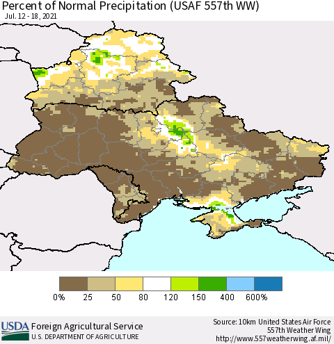 Ukraine, Moldova and Belarus Percent of Normal Precipitation (USAF 557th WW) Thematic Map For 7/12/2021 - 7/18/2021
