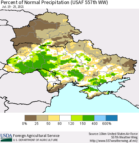 Ukraine, Moldova and Belarus Percent of Normal Precipitation (USAF 557th WW) Thematic Map For 7/19/2021 - 7/25/2021