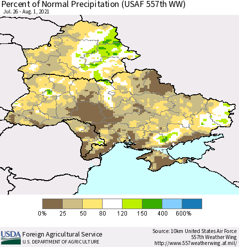 Ukraine, Moldova and Belarus Percent of Normal Precipitation (USAF 557th WW) Thematic Map For 7/26/2021 - 8/1/2021