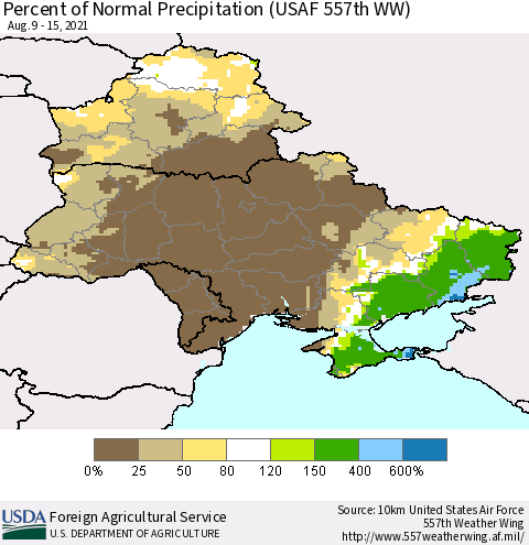 Ukraine, Moldova and Belarus Percent of Normal Precipitation (USAF 557th WW) Thematic Map For 8/9/2021 - 8/15/2021