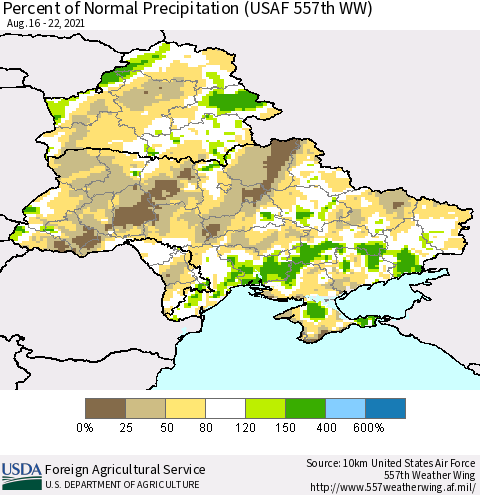 Ukraine, Moldova and Belarus Percent of Normal Precipitation (USAF 557th WW) Thematic Map For 8/16/2021 - 8/22/2021