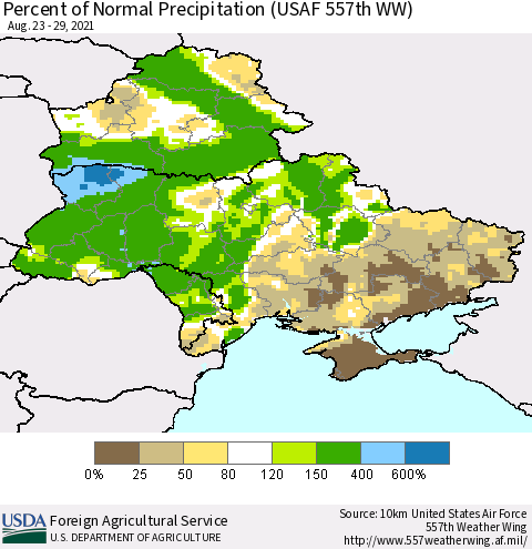 Ukraine, Moldova and Belarus Percent of Normal Precipitation (USAF 557th WW) Thematic Map For 8/23/2021 - 8/29/2021