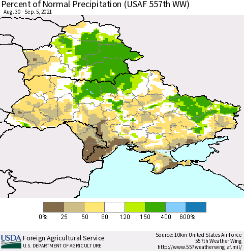 Ukraine, Moldova and Belarus Percent of Normal Precipitation (USAF 557th WW) Thematic Map For 8/30/2021 - 9/5/2021