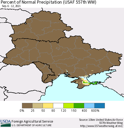 Ukraine, Moldova and Belarus Percent of Normal Precipitation (USAF 557th WW) Thematic Map For 9/6/2021 - 9/12/2021
