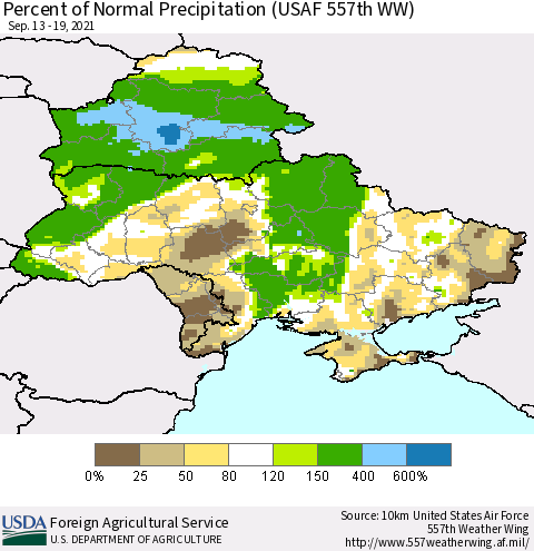 Ukraine, Moldova and Belarus Percent of Normal Precipitation (USAF 557th WW) Thematic Map For 9/13/2021 - 9/19/2021