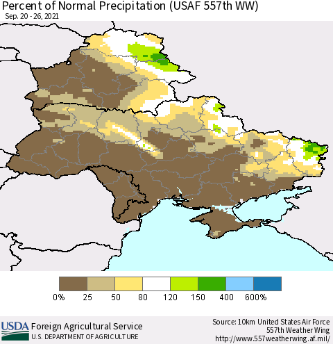 Ukraine, Moldova and Belarus Percent of Normal Precipitation (USAF 557th WW) Thematic Map For 9/20/2021 - 9/26/2021