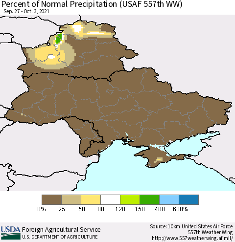 Ukraine, Moldova and Belarus Percent of Normal Precipitation (USAF 557th WW) Thematic Map For 9/27/2021 - 10/3/2021