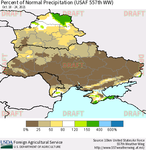 Ukraine, Moldova and Belarus Percent of Normal Precipitation (USAF 557th WW) Thematic Map For 10/18/2021 - 10/24/2021