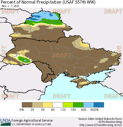 Ukraine, Moldova and Belarus Percent of Normal Precipitation (USAF 557th WW) Thematic Map For 11/1/2021 - 11/7/2021