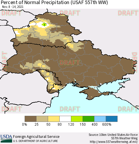 Ukraine, Moldova and Belarus Percent of Normal Precipitation (USAF 557th WW) Thematic Map For 11/8/2021 - 11/14/2021