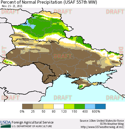Ukraine, Moldova and Belarus Percent of Normal Precipitation (USAF 557th WW) Thematic Map For 11/15/2021 - 11/21/2021
