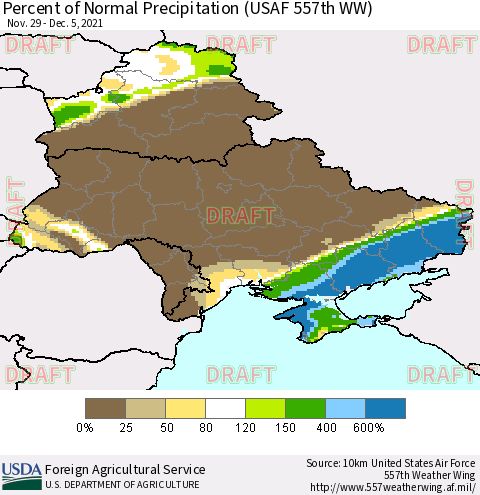 Ukraine, Moldova and Belarus Percent of Normal Precipitation (USAF 557th WW) Thematic Map For 11/29/2021 - 12/5/2021