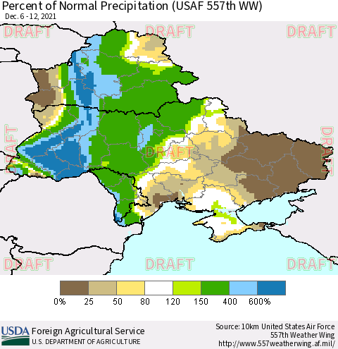 Ukraine, Moldova and Belarus Percent of Normal Precipitation (USAF 557th WW) Thematic Map For 12/6/2021 - 12/12/2021