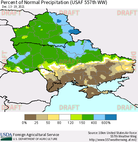 Ukraine, Moldova and Belarus Percent of Normal Precipitation (USAF 557th WW) Thematic Map For 12/13/2021 - 12/19/2021