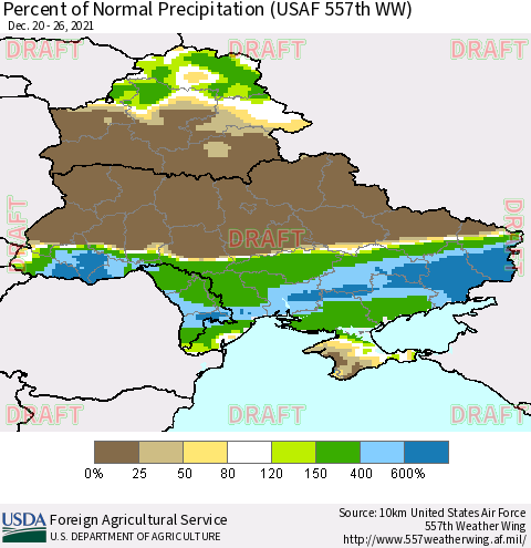 Ukraine, Moldova and Belarus Percent of Normal Precipitation (USAF 557th WW) Thematic Map For 12/20/2021 - 12/26/2021