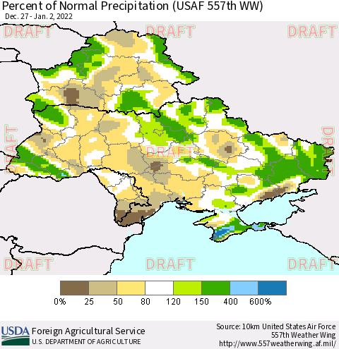 Ukraine, Moldova and Belarus Percent of Normal Precipitation (USAF 557th WW) Thematic Map For 12/27/2021 - 1/2/2022