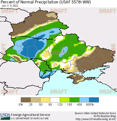 Ukraine, Moldova and Belarus Percent of Normal Precipitation (USAF 557th WW) Thematic Map For 1/3/2022 - 1/9/2022