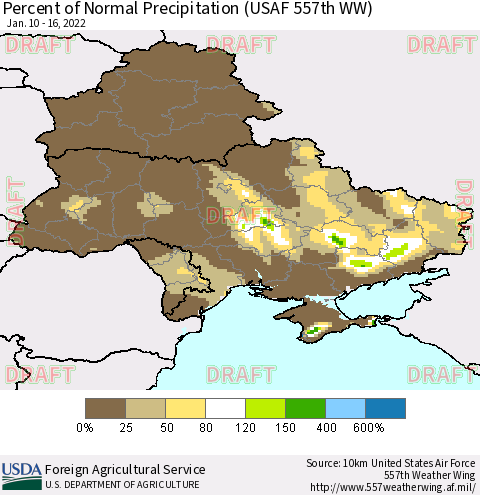 Ukraine, Moldova and Belarus Percent of Normal Precipitation (USAF 557th WW) Thematic Map For 1/10/2022 - 1/16/2022