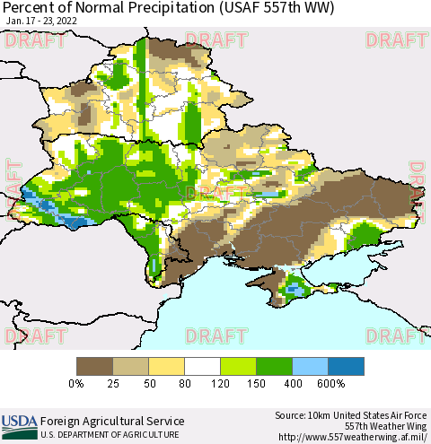 Ukraine, Moldova and Belarus Percent of Normal Precipitation (USAF 557th WW) Thematic Map For 1/17/2022 - 1/23/2022