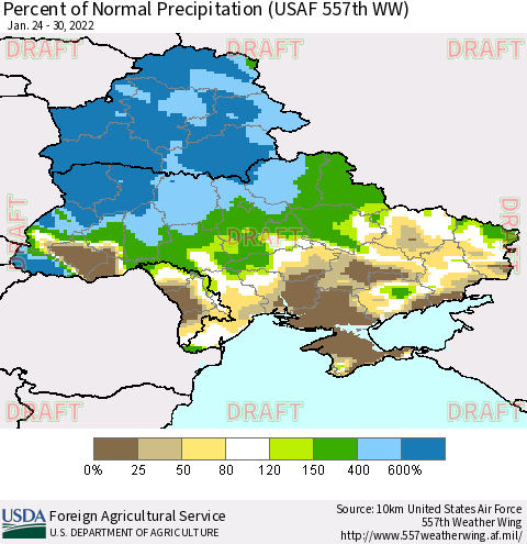 Ukraine, Moldova and Belarus Percent of Normal Precipitation (USAF 557th WW) Thematic Map For 1/24/2022 - 1/30/2022