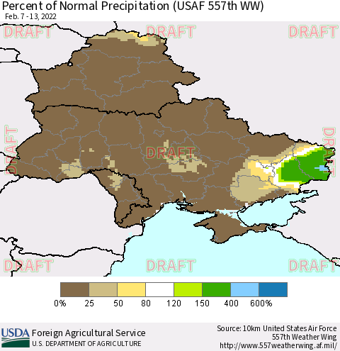 Ukraine, Moldova and Belarus Percent of Normal Precipitation (USAF 557th WW) Thematic Map For 2/7/2022 - 2/13/2022