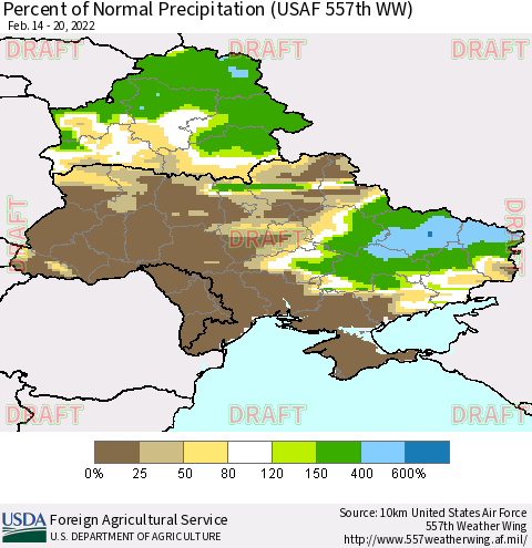 Ukraine, Moldova and Belarus Percent of Normal Precipitation (USAF 557th WW) Thematic Map For 2/14/2022 - 2/20/2022