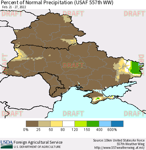 Ukraine, Moldova and Belarus Percent of Normal Precipitation (USAF 557th WW) Thematic Map For 2/21/2022 - 2/27/2022