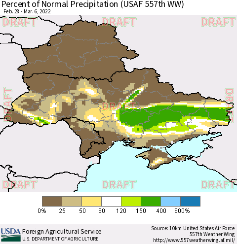 Ukraine, Moldova and Belarus Percent of Normal Precipitation (USAF 557th WW) Thematic Map For 2/28/2022 - 3/6/2022
