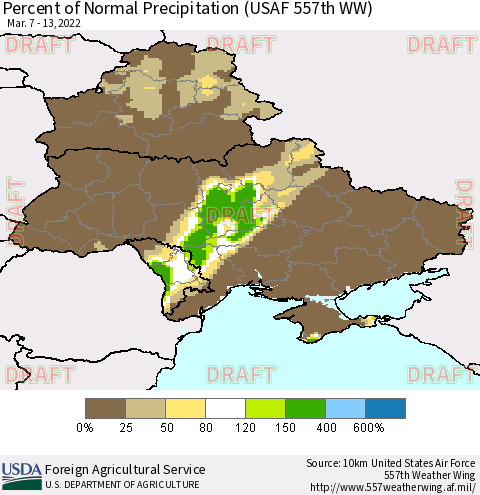Ukraine, Moldova and Belarus Percent of Normal Precipitation (USAF 557th WW) Thematic Map For 3/7/2022 - 3/13/2022