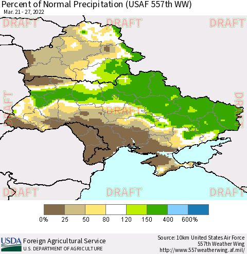 Ukraine, Moldova and Belarus Percent of Normal Precipitation (USAF 557th WW) Thematic Map For 3/21/2022 - 3/27/2022