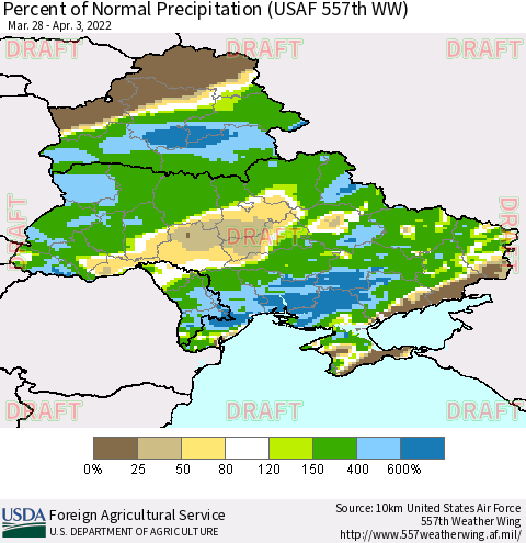 Ukraine, Moldova and Belarus Percent of Normal Precipitation (USAF 557th WW) Thematic Map For 3/28/2022 - 4/3/2022