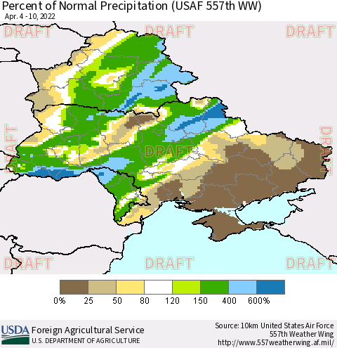 Ukraine, Moldova and Belarus Percent of Normal Precipitation (USAF 557th WW) Thematic Map For 4/4/2022 - 4/10/2022