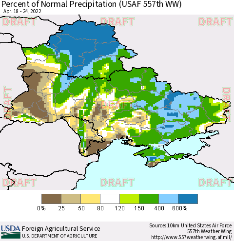 Ukraine, Moldova and Belarus Percent of Normal Precipitation (USAF 557th WW) Thematic Map For 4/18/2022 - 4/24/2022