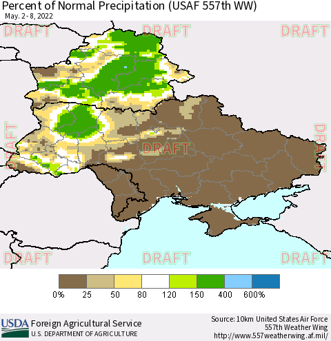 Ukraine, Moldova and Belarus Percent of Normal Precipitation (USAF 557th WW) Thematic Map For 5/2/2022 - 5/8/2022