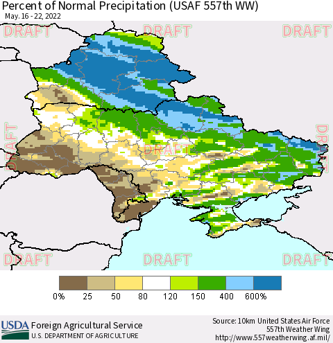 Ukraine, Moldova and Belarus Percent of Normal Precipitation (USAF 557th WW) Thematic Map For 5/16/2022 - 5/22/2022