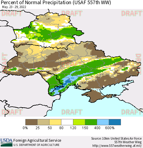 Ukraine, Moldova and Belarus Percent of Normal Precipitation (USAF 557th WW) Thematic Map For 5/23/2022 - 5/29/2022