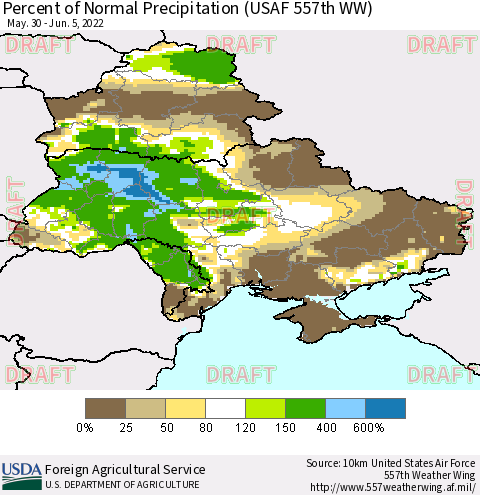 Ukraine, Moldova and Belarus Percent of Normal Precipitation (USAF 557th WW) Thematic Map For 5/30/2022 - 6/5/2022