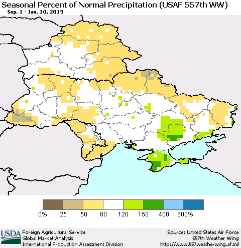 Ukraine, Moldova and Belarus Seasonal Percent of Normal Precipitation (USAF 557th WW) Thematic Map For 9/1/2018 - 1/10/2019