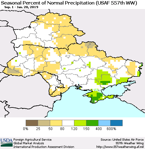 Ukraine, Moldova and Belarus Seasonal Percent of Normal Precipitation (USAF 557th WW) Thematic Map For 9/1/2018 - 1/20/2019